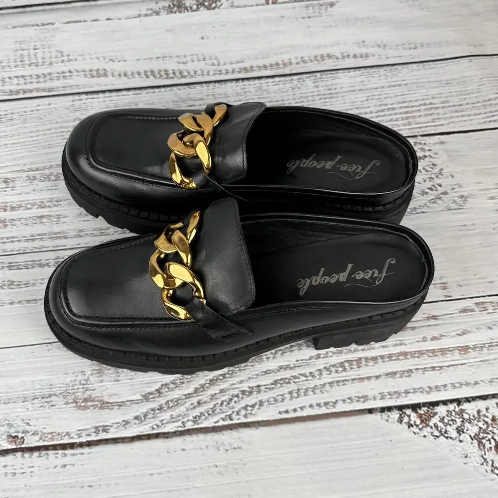Free People Lyra Link Womens US 8.5 Mule Loafer Shoes Black Gold